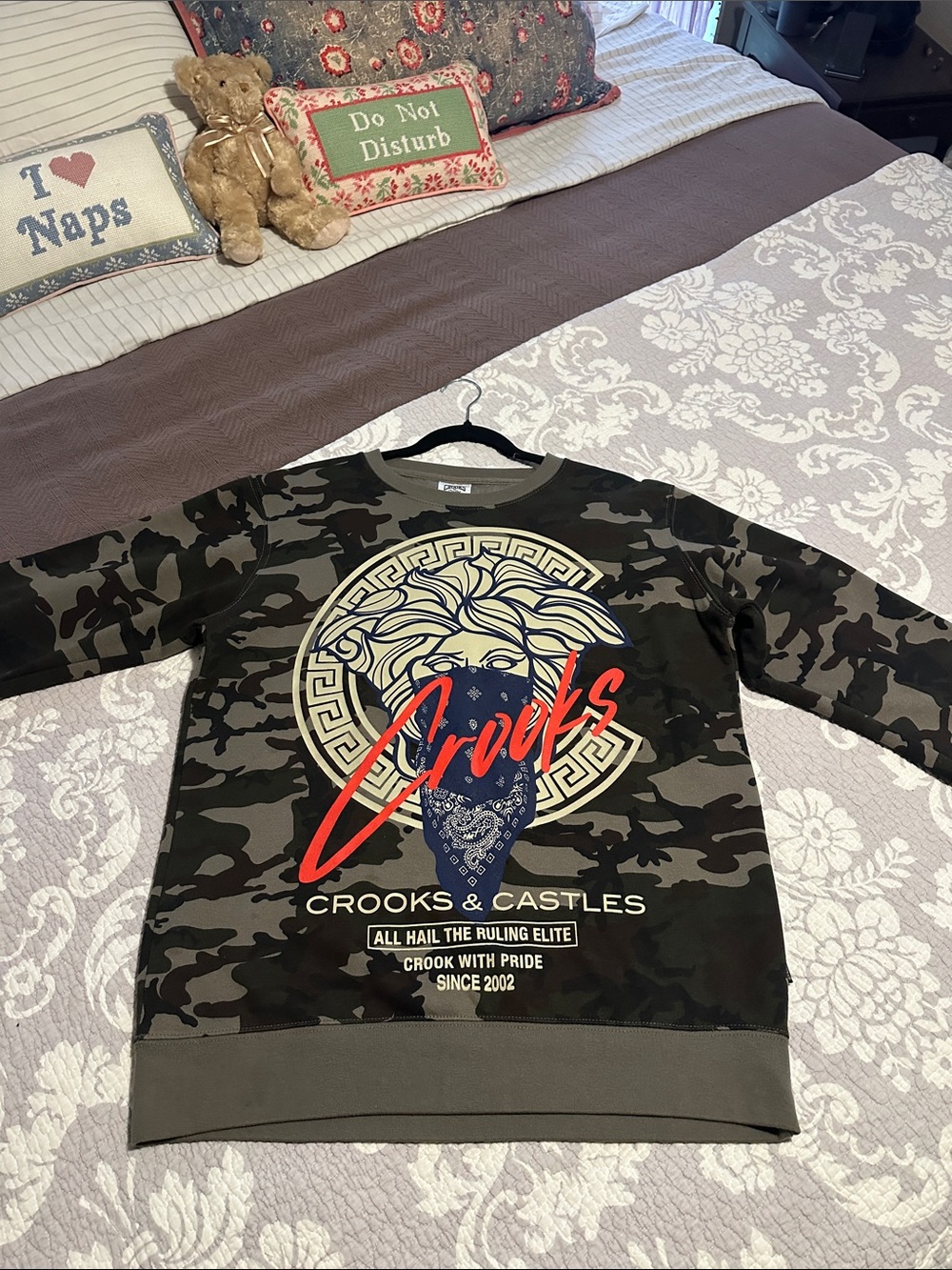 Crooks & Castles Men's Camo Crewneck Sweatshirt with Red Logo